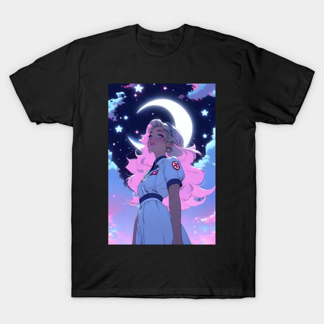 Anime nurse moon lover in night sky cresent moon stars T-Shirt by Spaceboyishere